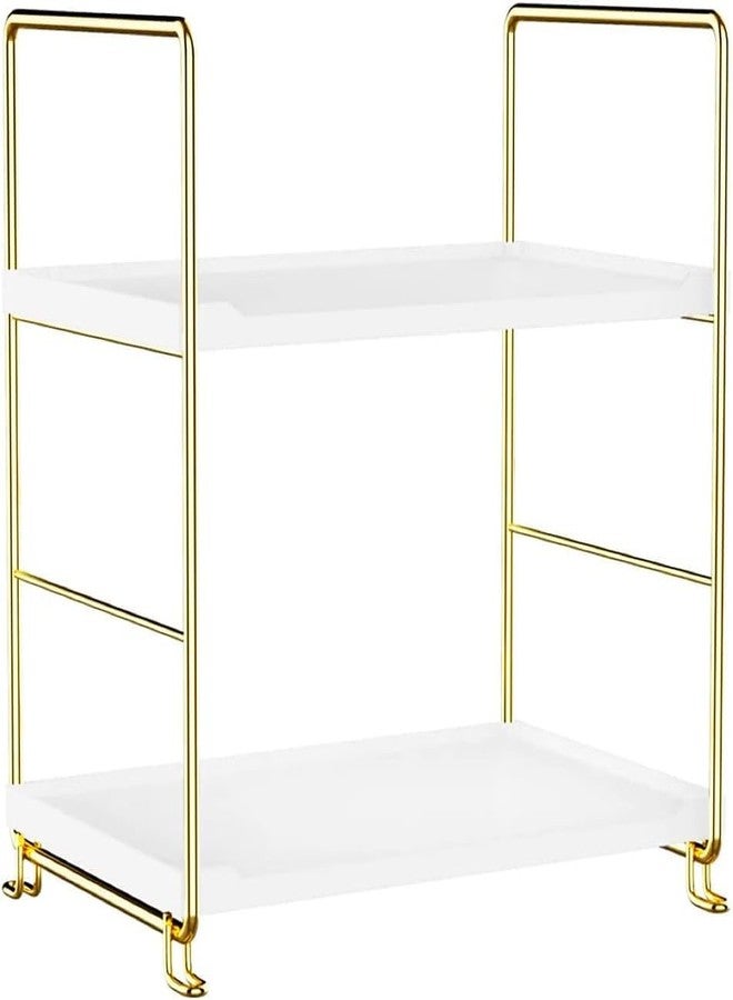 Kiwilon 2 Tier Storage Rack Shelf | Gold Metal Frame with White Trays | Multipurpose Stand for Kitchen | Office Table & Study Desk - Image 1
